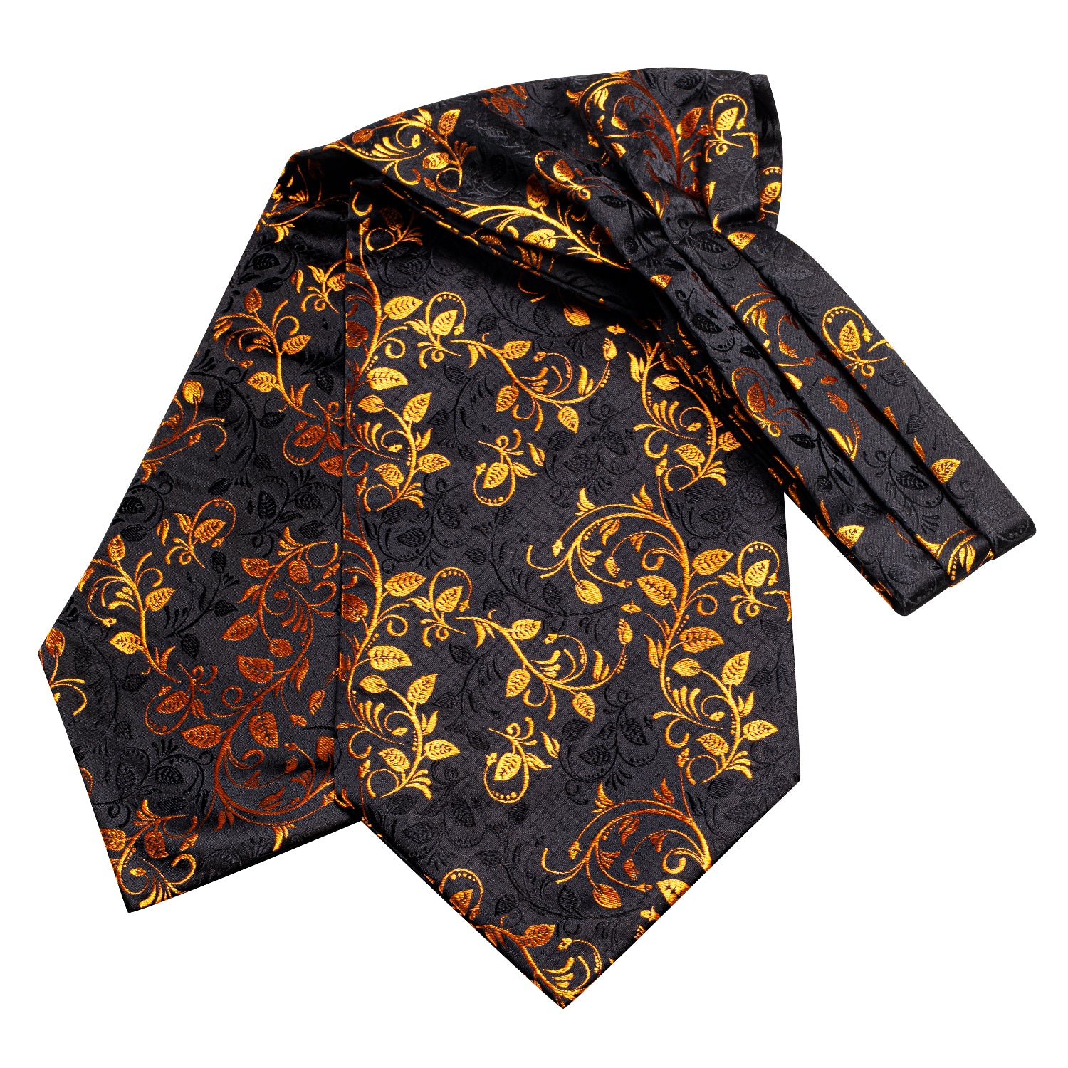 Black Golden Leaves Silk Ascot Pocket Square Cufflinks Set