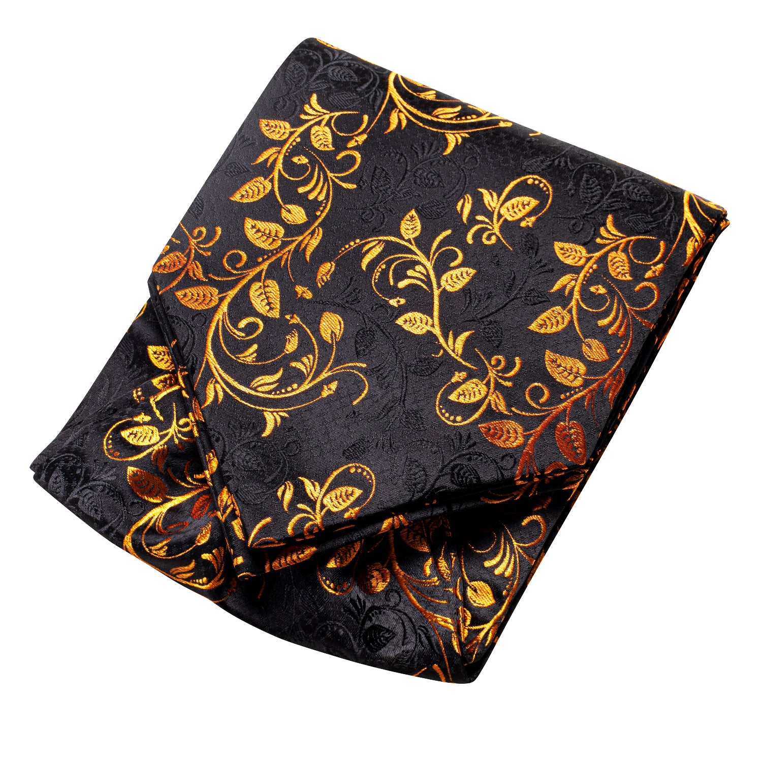 Black Golden Leaves Silk Ascot Pocket Square Cufflinks Set