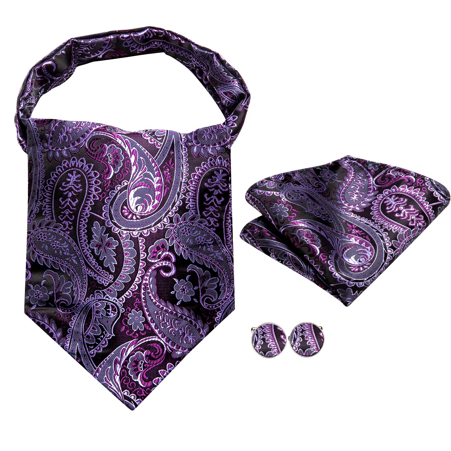Purple Paisley Silk Ascot Tie Pocket Square Cufflinks Set  for Men