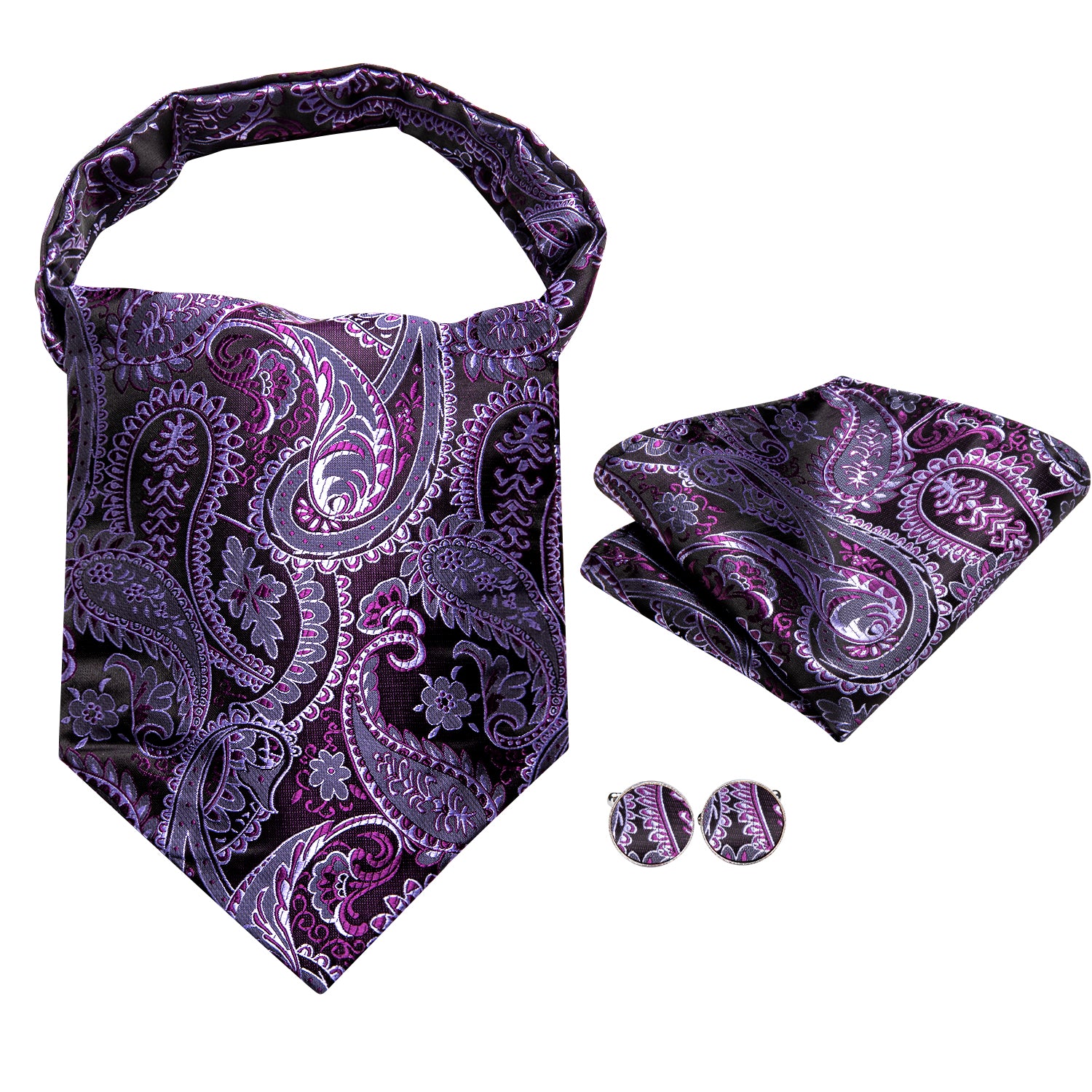 HISDERN Ascot Tie & Pocket Square Set For Men - Paisley Floral Cravat With Handkerchief - Self Tie, 100% Polyester, D-Lavender