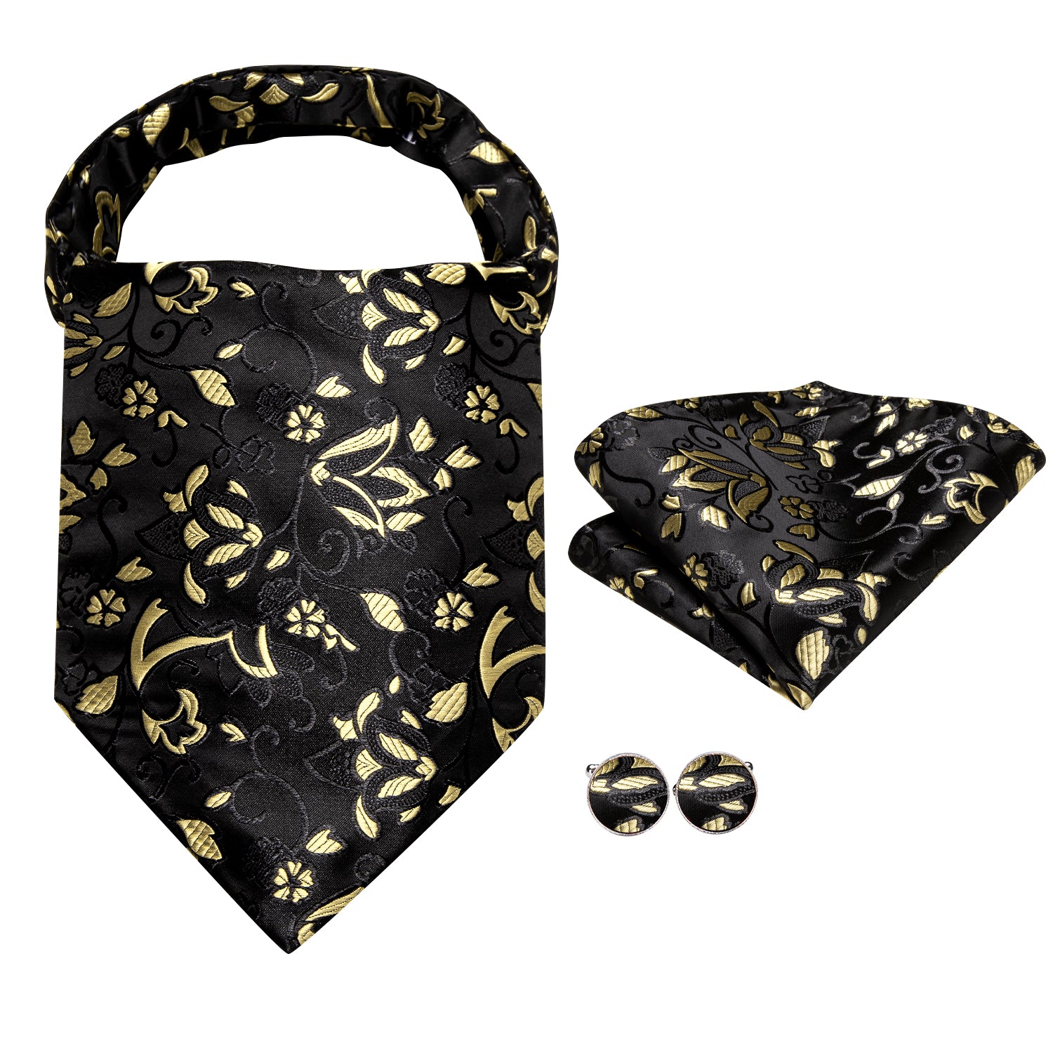 Black Golden Floral Ascot Tie Pocket Square Cufflinks Set