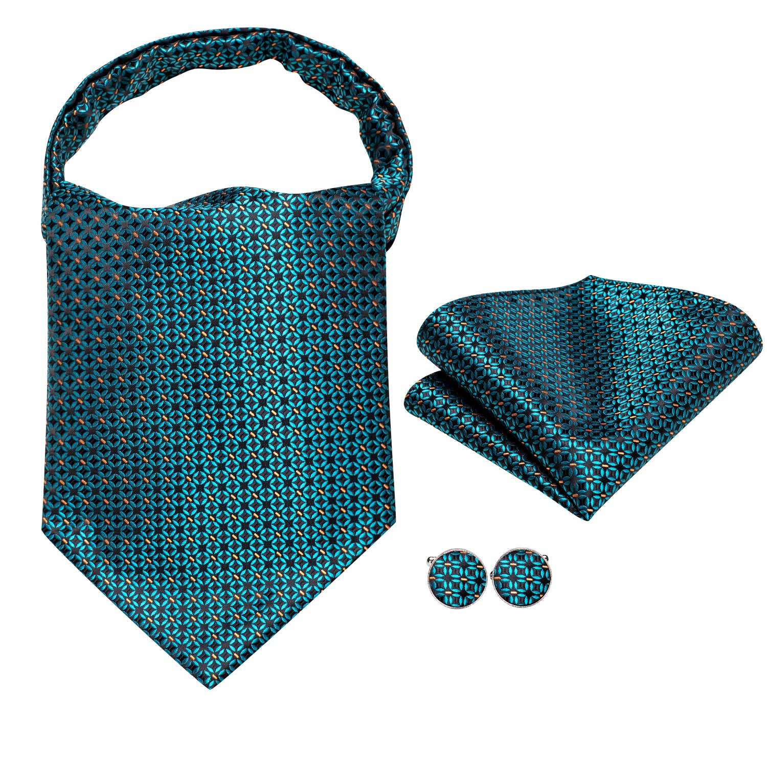 Teal Orange Dot Silk Ascot Tie Pocket Square Cufflinks Set