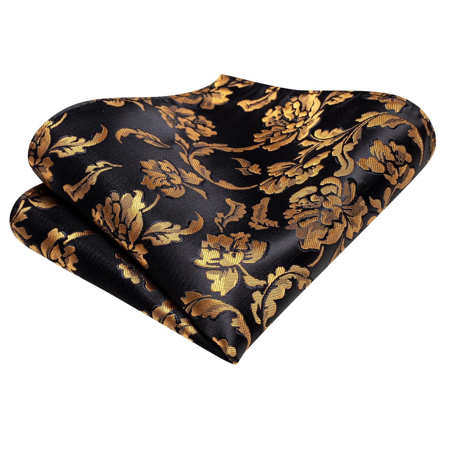 Black Golden Floral Silk Ascot Tie Pocket Square Cufflinks Set