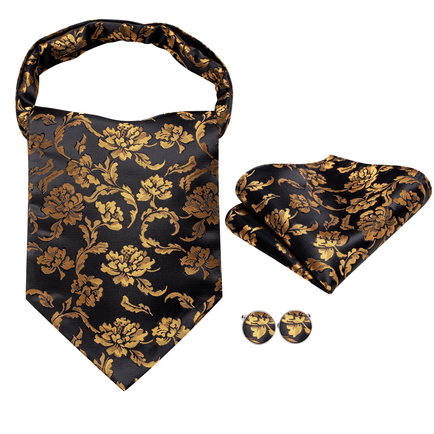 Black Golden Floral Silk Ascot Tie Pocket Square Cufflinks Set