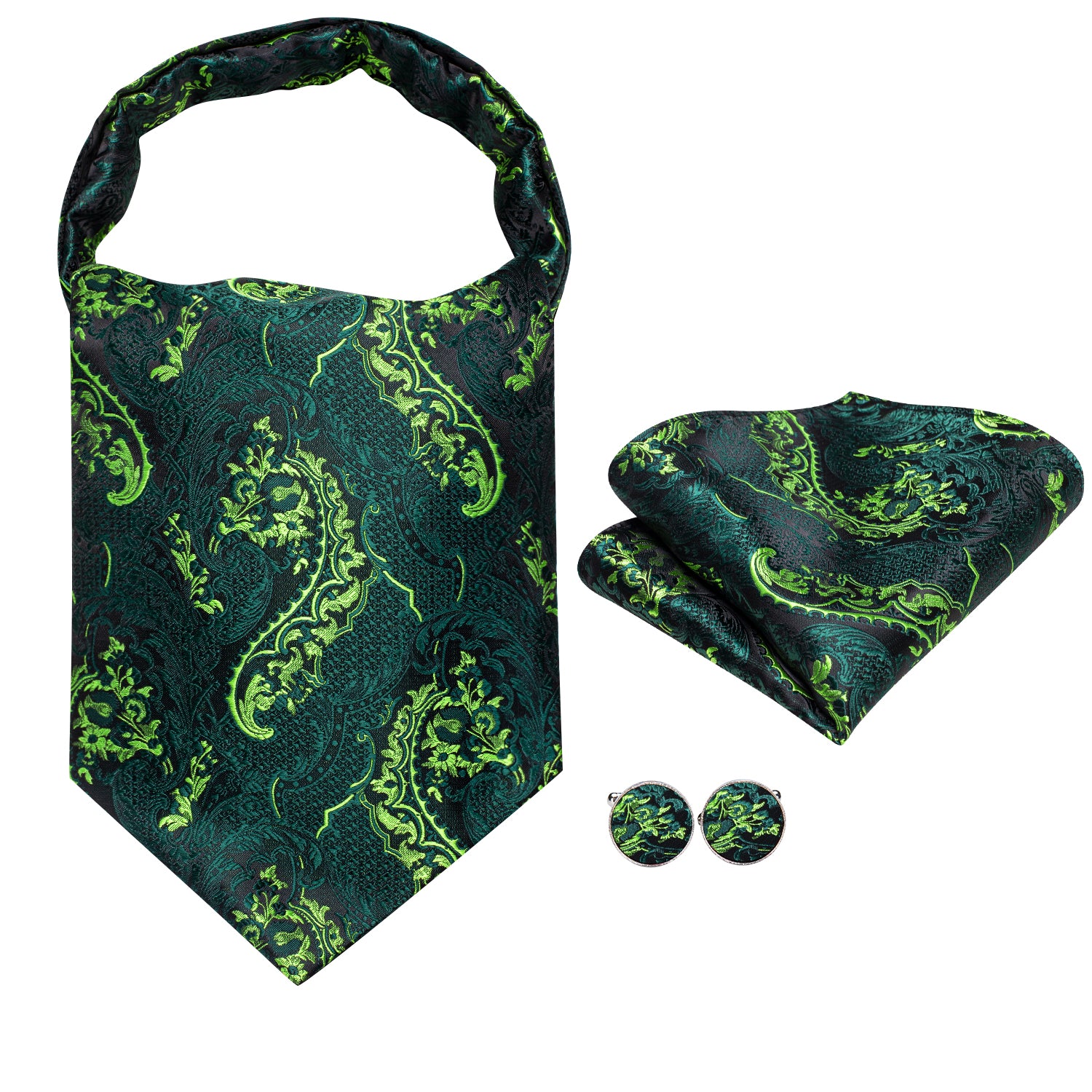 Black Green Paisley Silk Ascot Tie Pocket Square Cufflinks Set