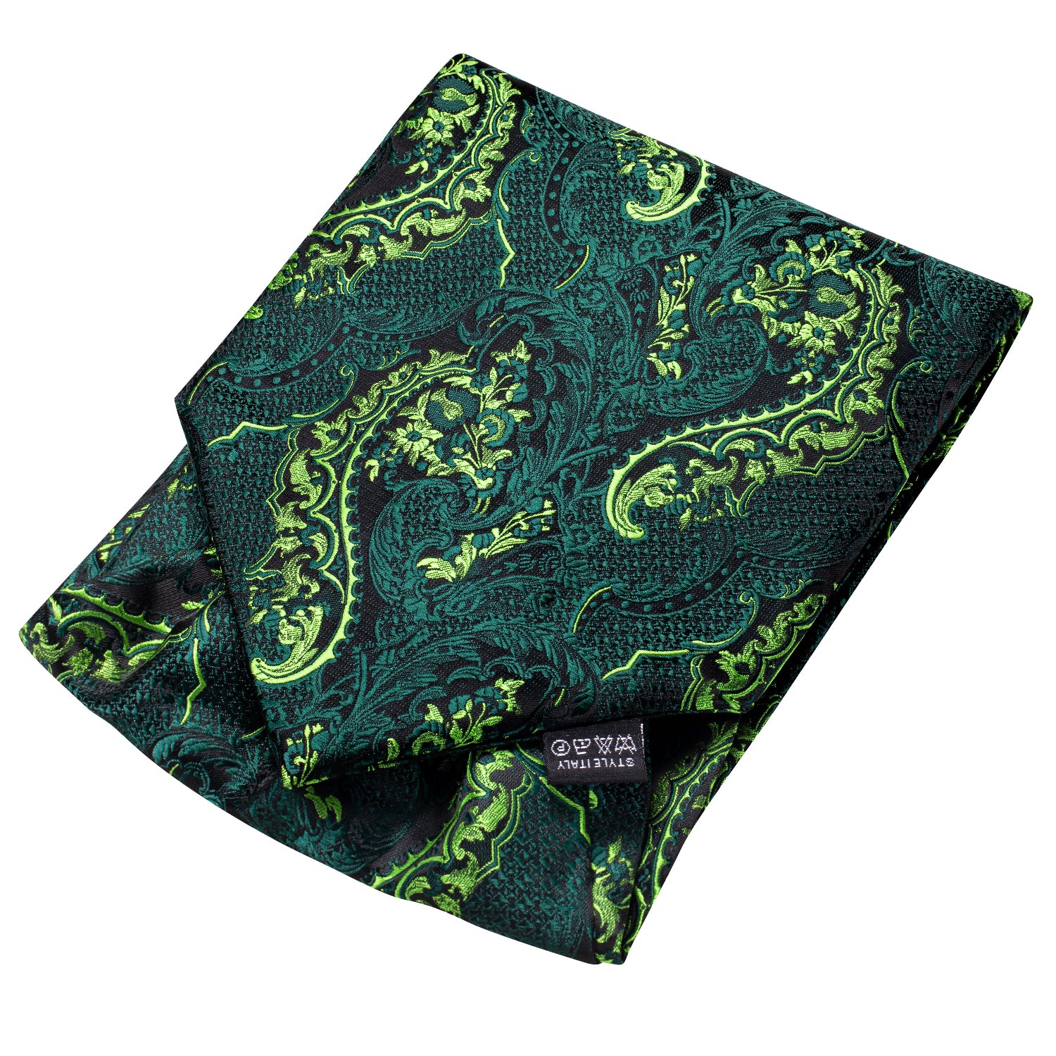 Black Green Paisley Silk Ascot Tie Pocket Square Cufflinks Set