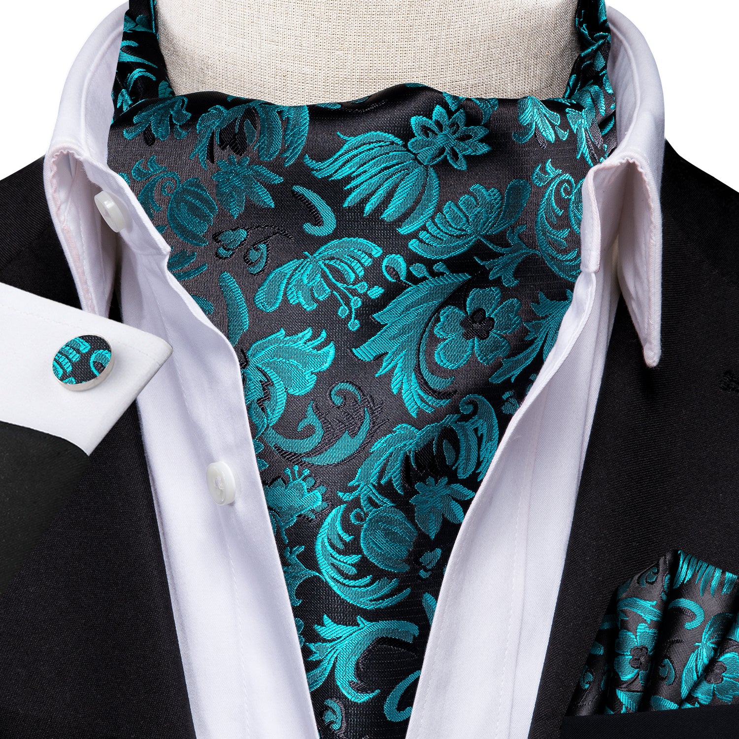 Black Teal Floral Silk Ascot Pocket Square Cufflinks Set