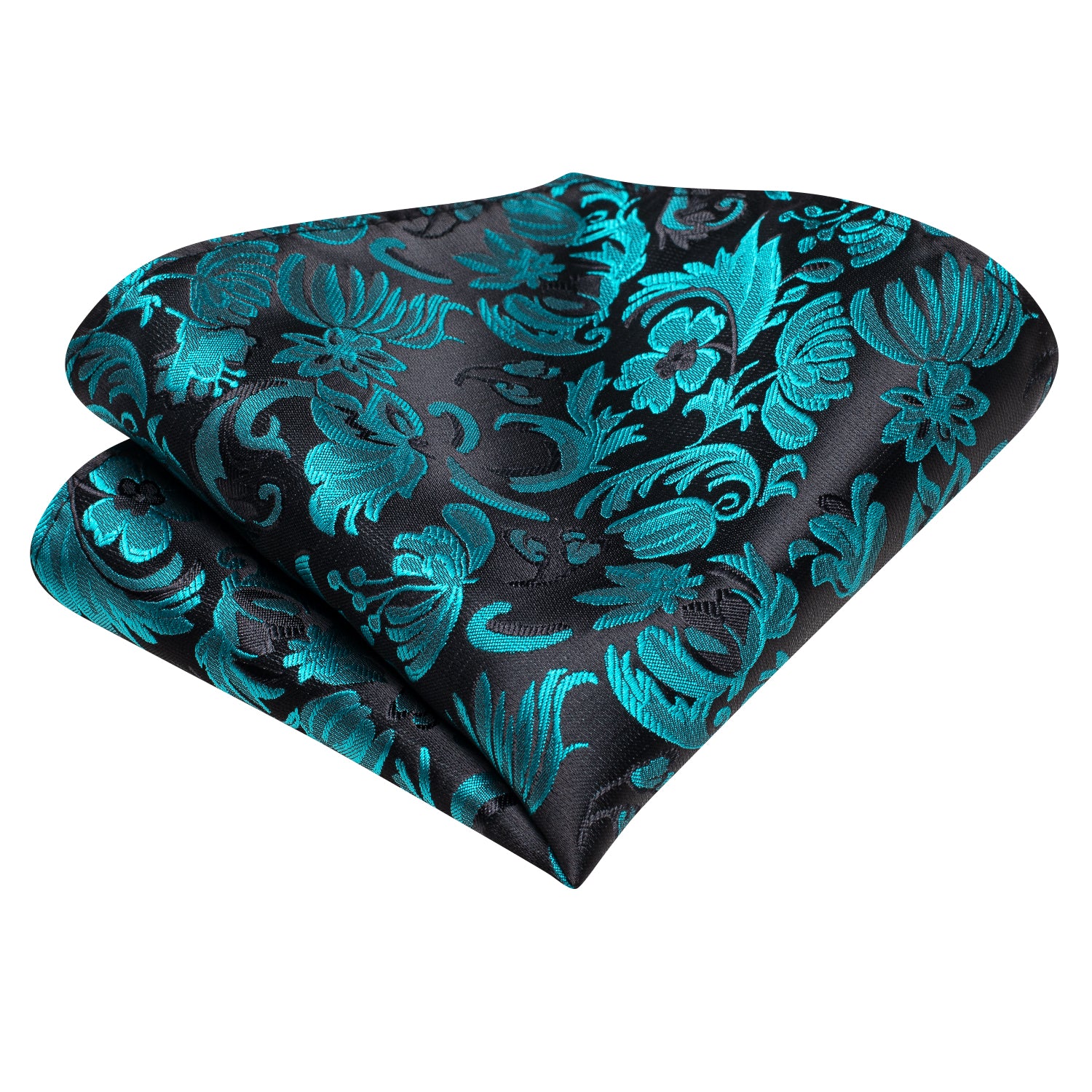 Black Teal Floral Silk Ascot Pocket Square Cufflinks Set