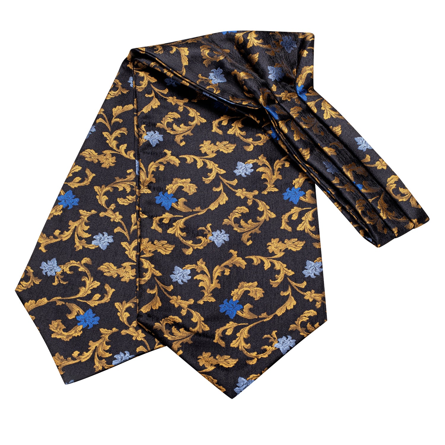 Black Golden Blue Floral Silk Ascot Tie Pocket Square Cufflinks Set