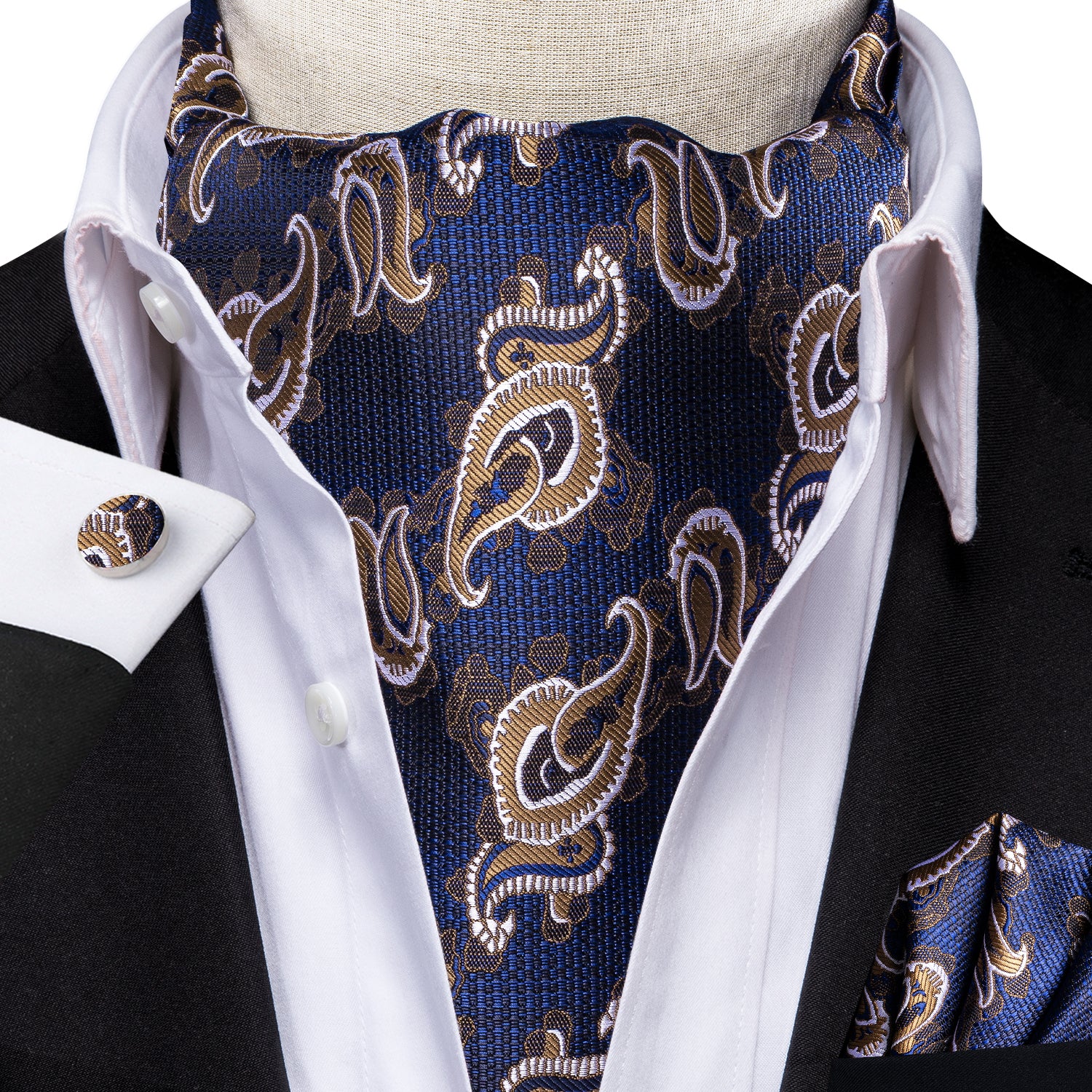 Blue Champagne Paisley Silk Ascot Tie Pocket Square Cufflinks Set