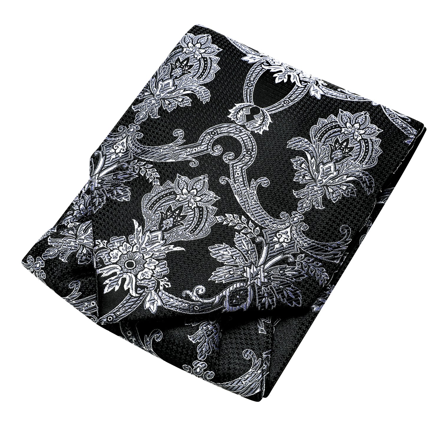Black Grey Floral Ascot Pocket Square Cufflinks Set