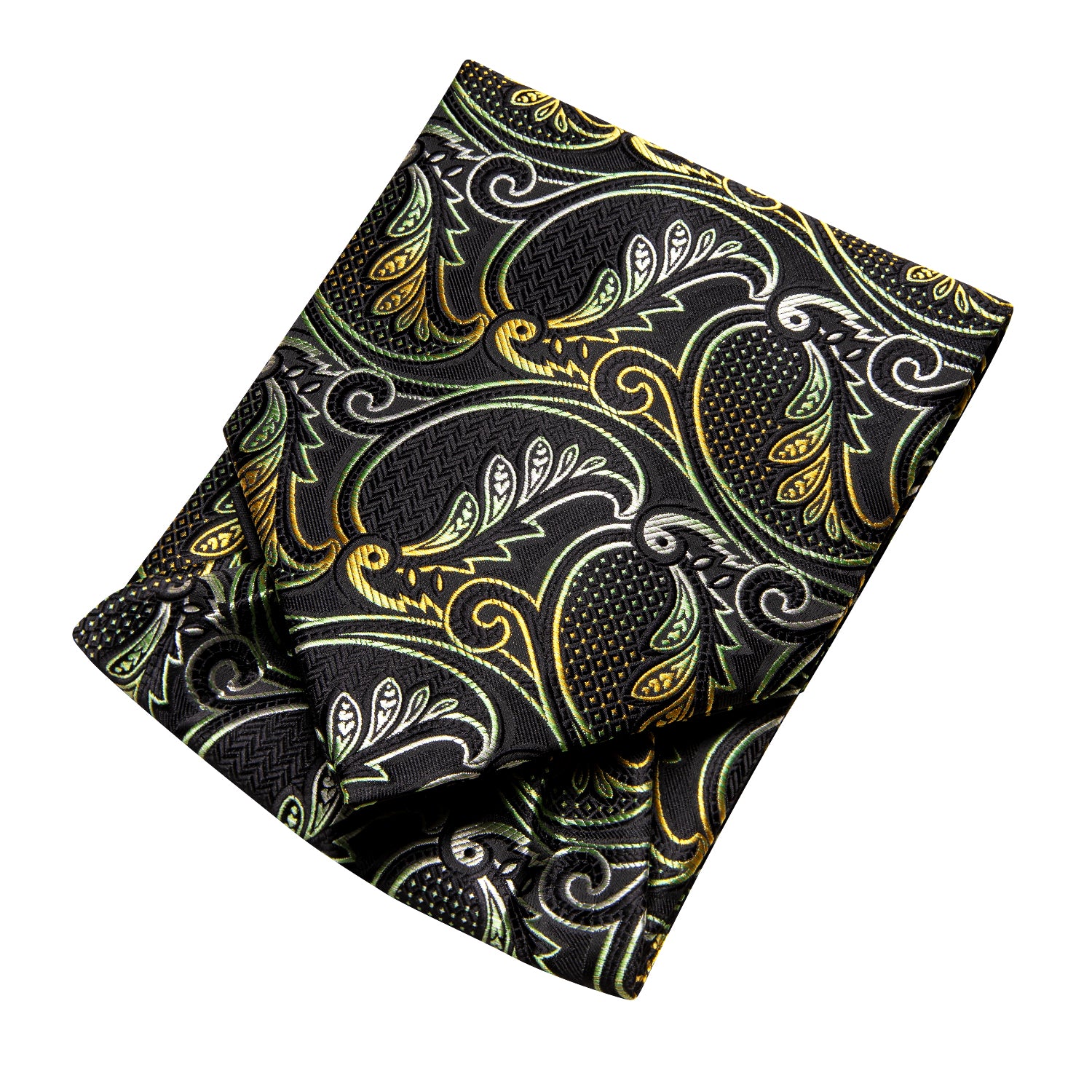 Black Green Yellow Paisley Ascot Pocket Square Cufflinks Set