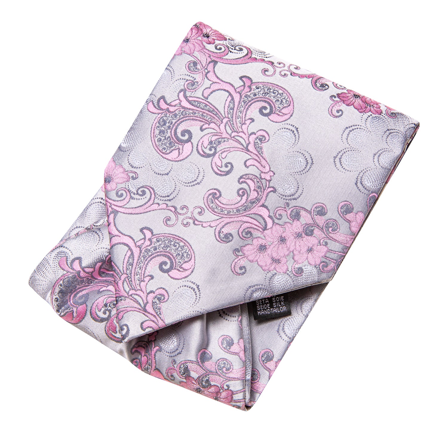 Silver Pink Paisley Ascot Pocket Square Cufflinks Set