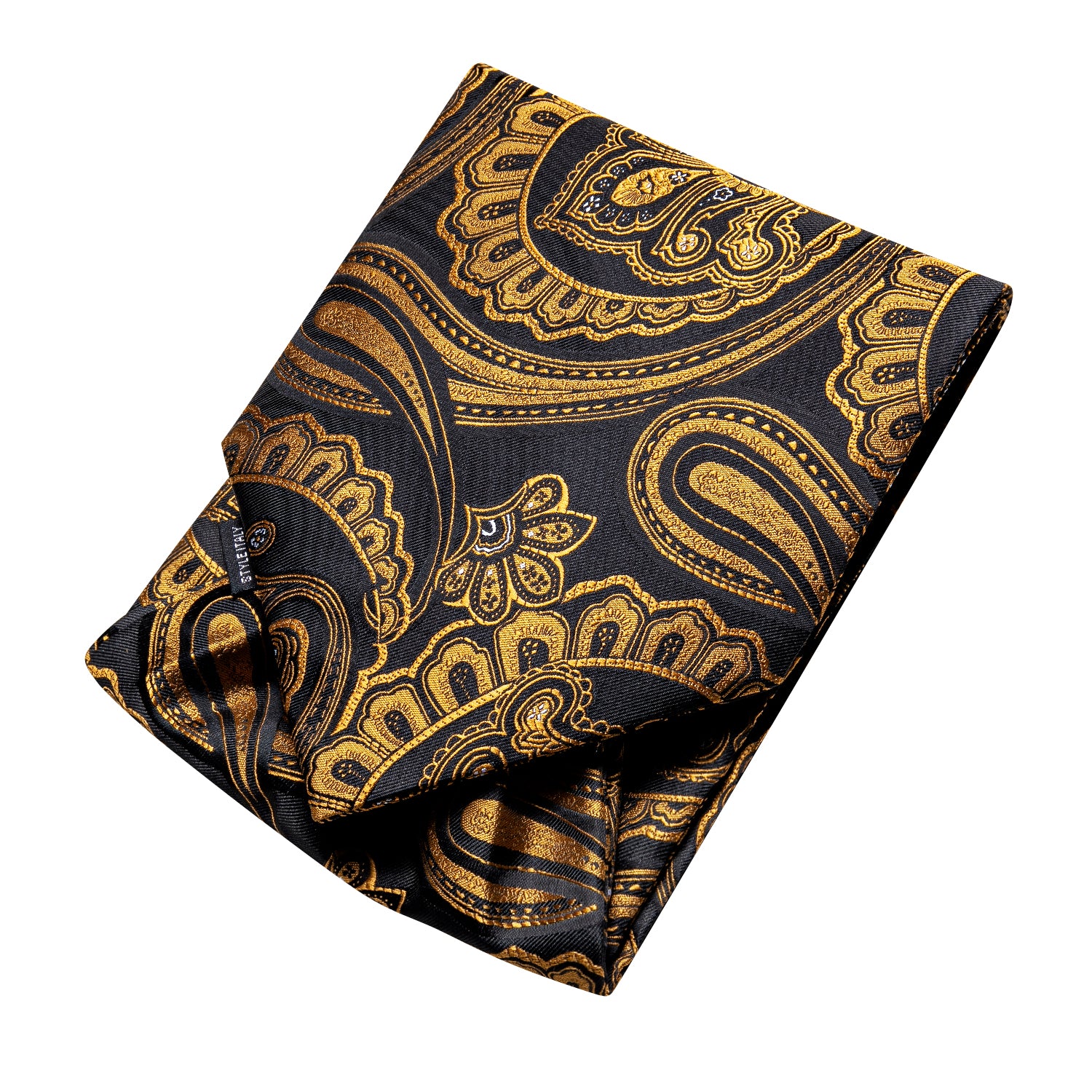 Black Golden Paisley Ascot Pocket Square Cufflinks Set