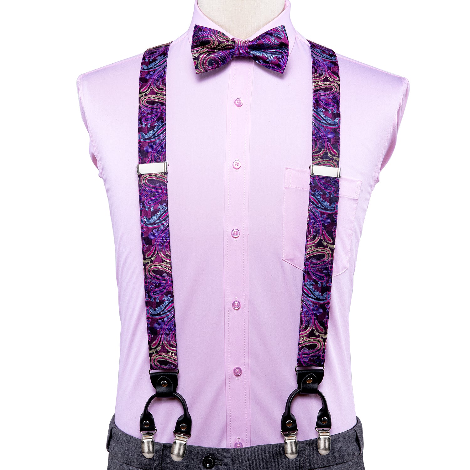 Purple Paisley Suspender Bow Tie Handkerchief Cufflinks Set