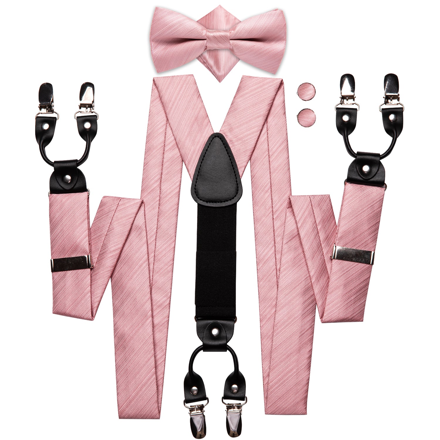 Pink Solid Suspender Bowtie Pocket Square Cufflinks Set
