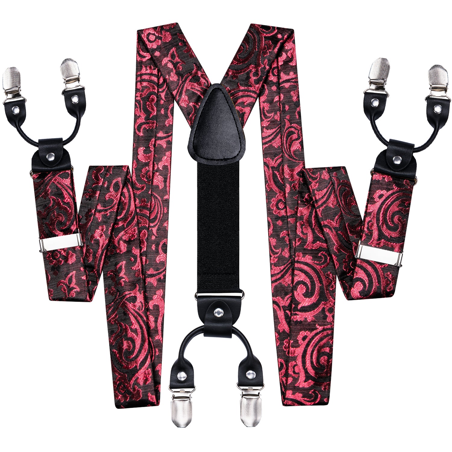Black Red Paisley Suspender Bowtie Pocket Square Cufflinks Set