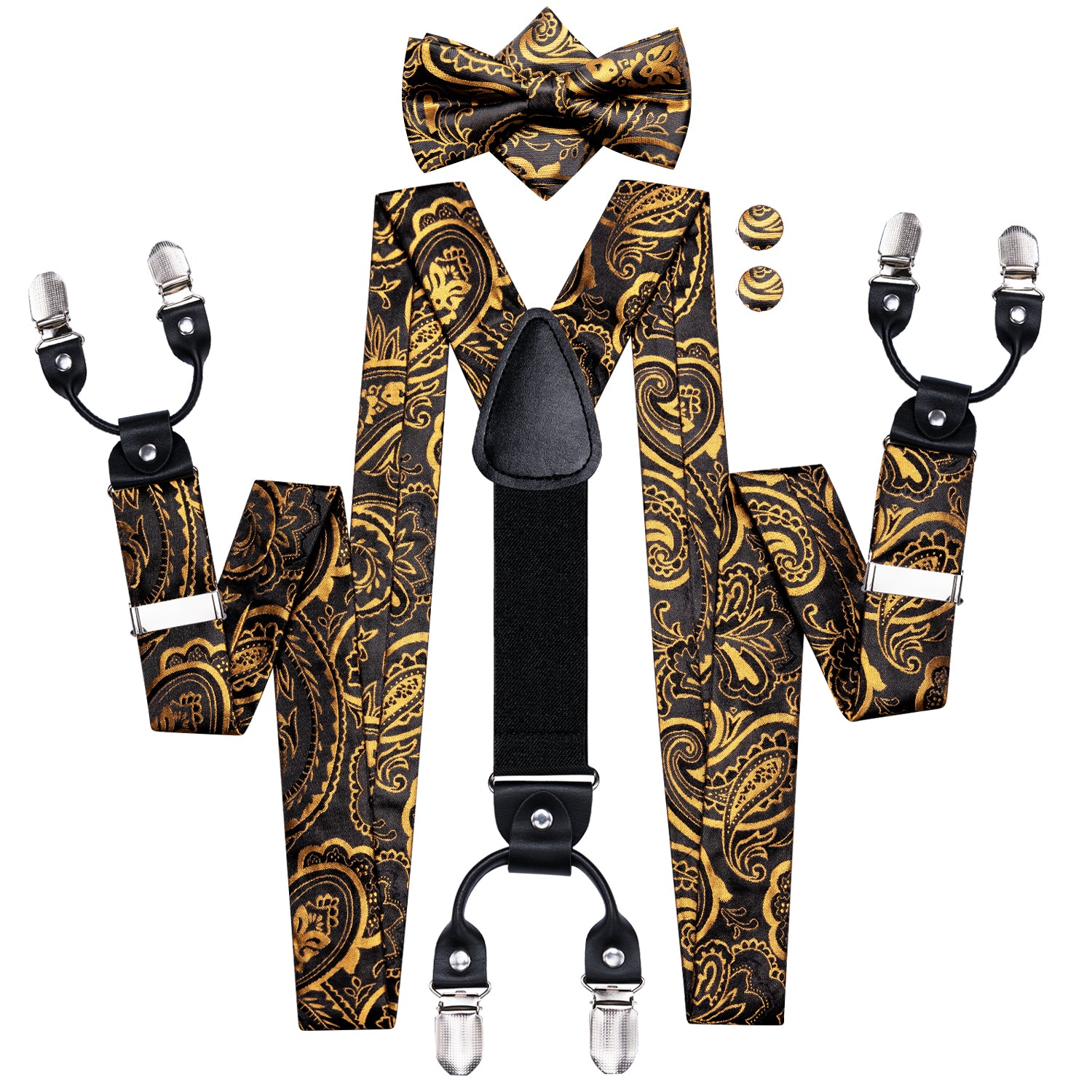 New Black Golden Paisley Suspender Bowtie Pocket Square Cufflinks Set