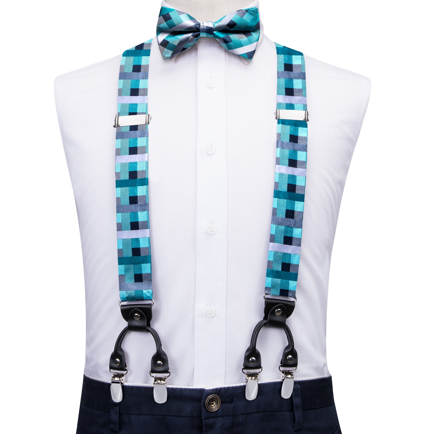 Green Plaid Men's Suspender Bowtie Pocket Square Cufflinks Set