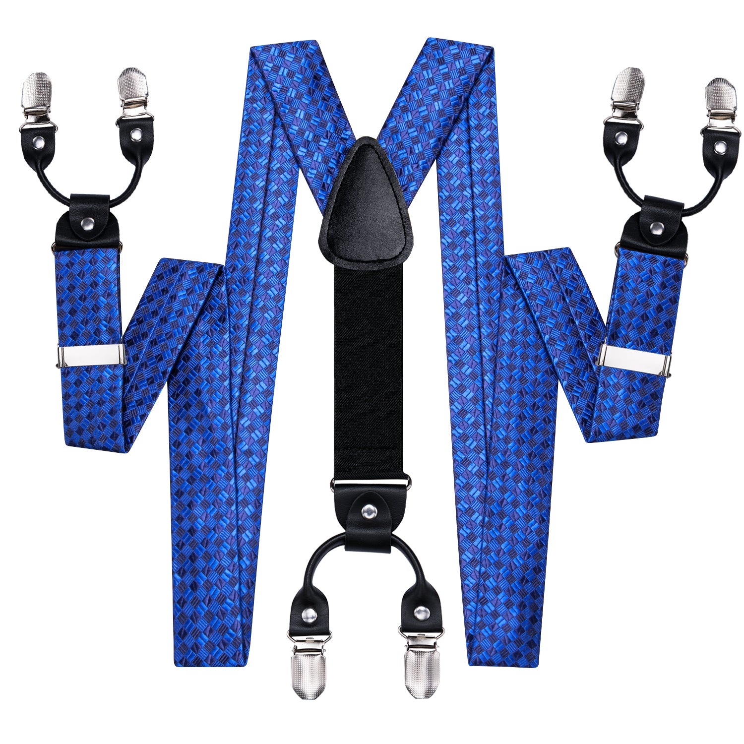 Blue Plaid Men's Suspender Bowtie Pocket Square Cufflinks Set