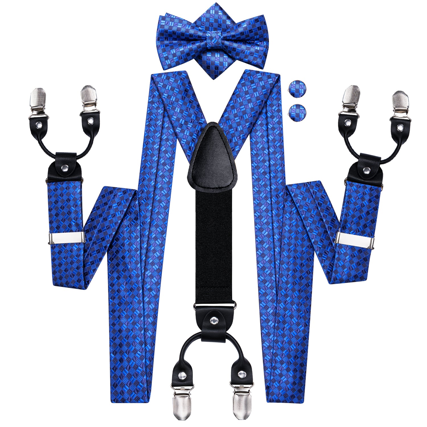 Blue Plaid Men's Suspender Bowtie Pocket Square Cufflinks Set