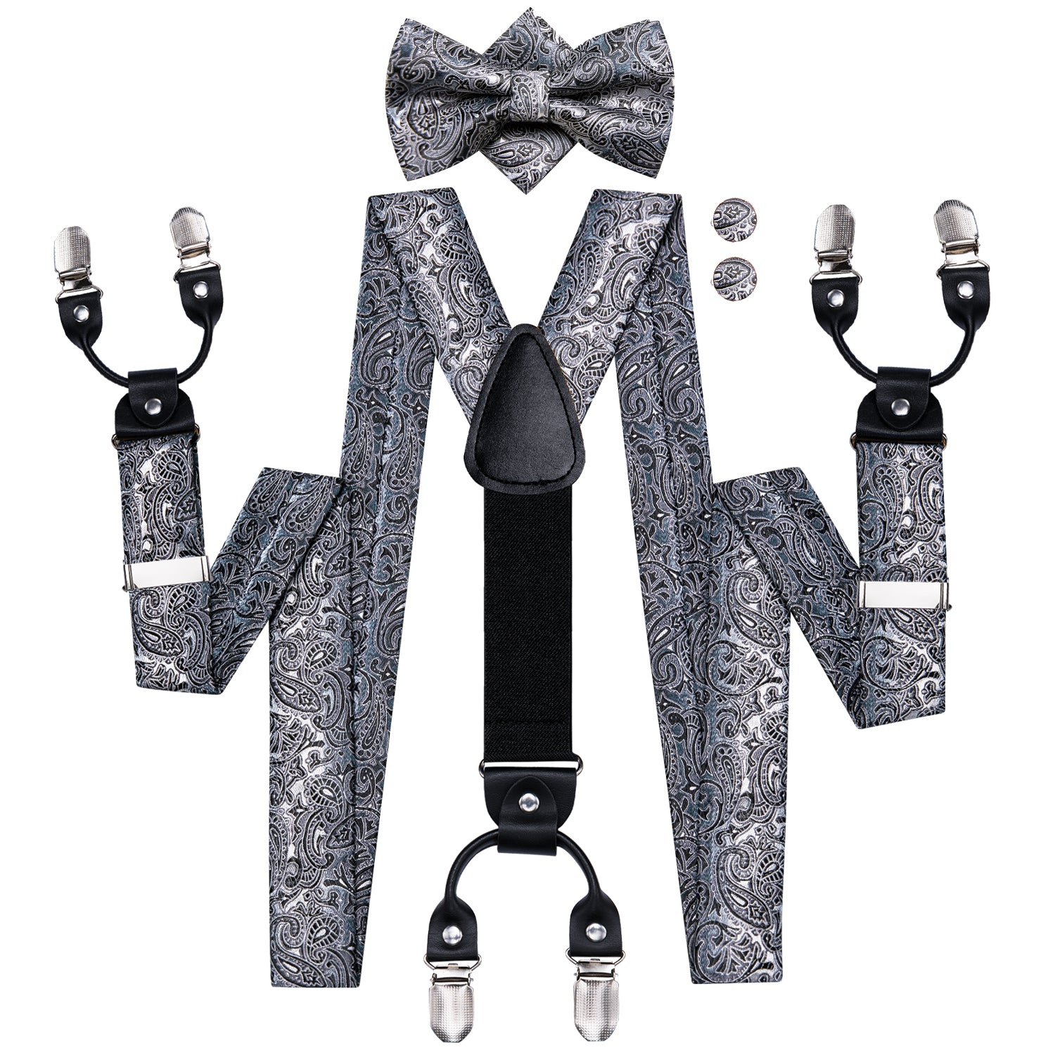 Black Blue Grey Paisley Men's Suspender Bowtie Pocket Square Cufflinks Set