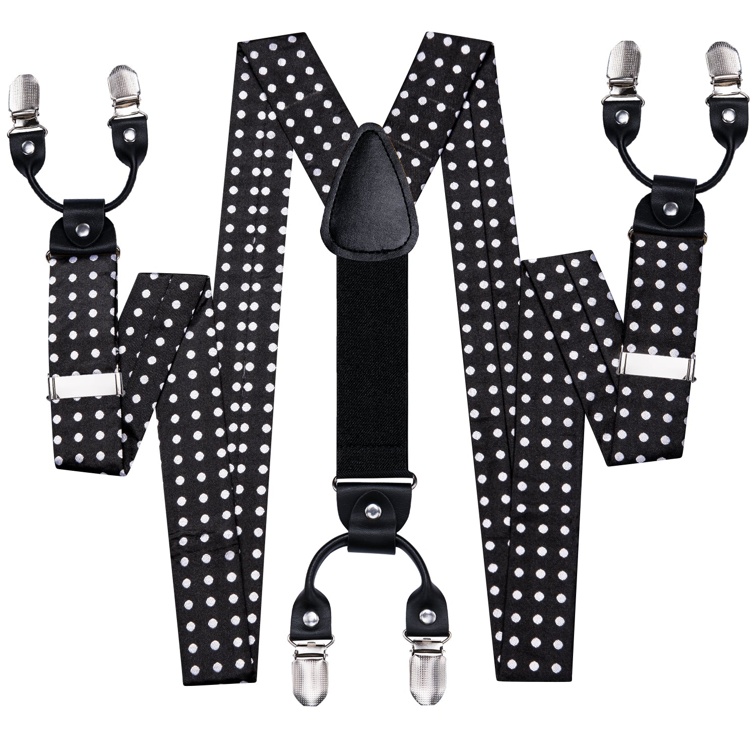 New Black White Dot Men's Suspender Bowtie Pocket Square Cufflinks Set