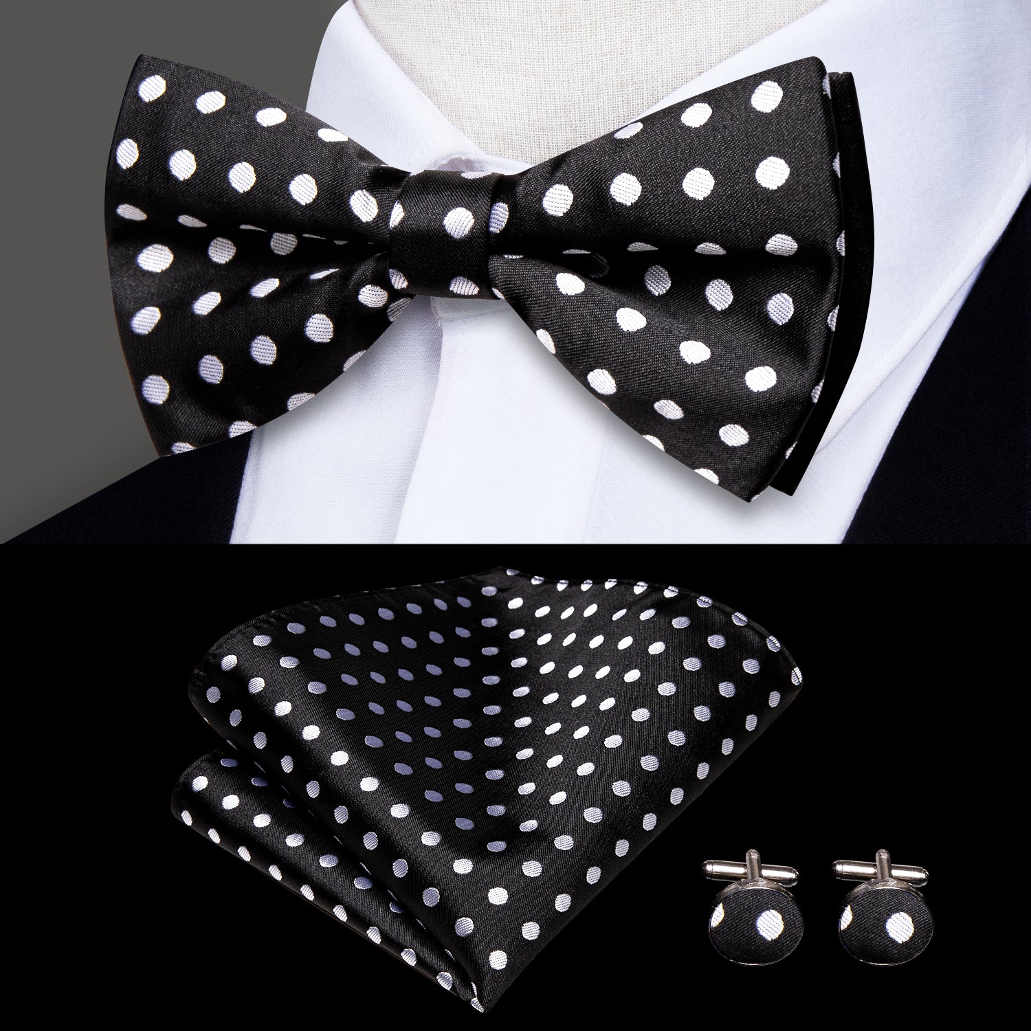 New Black White Dot Men's Suspender Bowtie Pocket Square Cufflinks Set