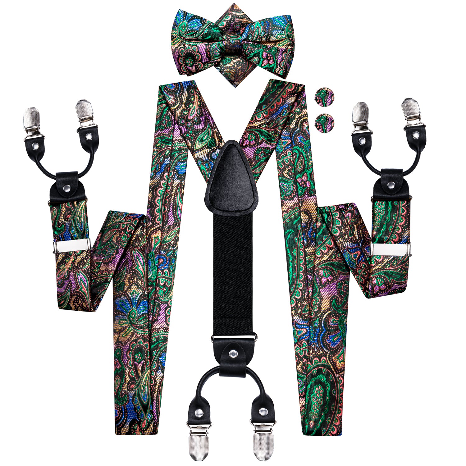 Colorful Paisley Men's Suspender Bowtie Pocket Square Cufflinks Set