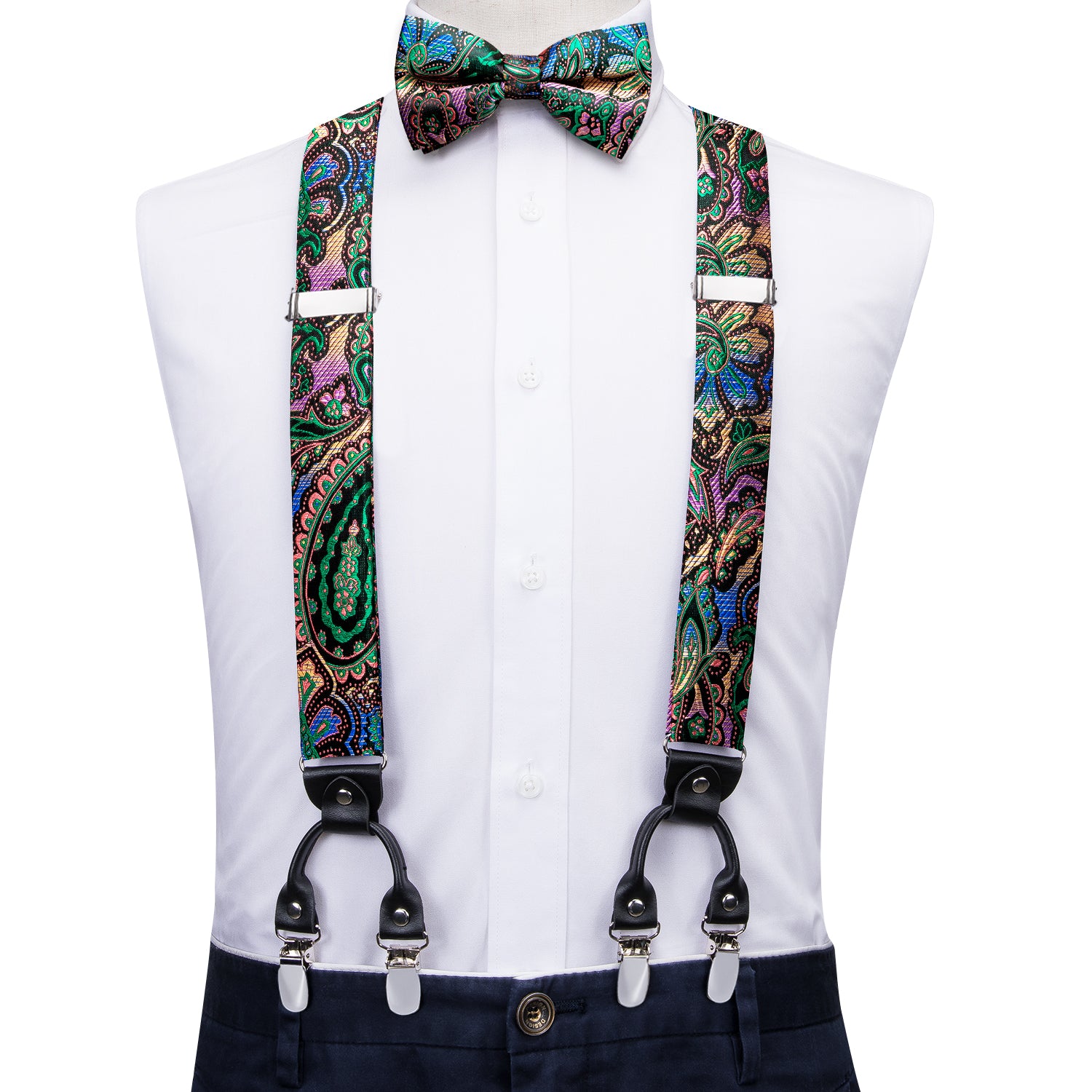 New Colorful Paisley Men's Suspender Bowtie Pocket Square Cufflinks Set
