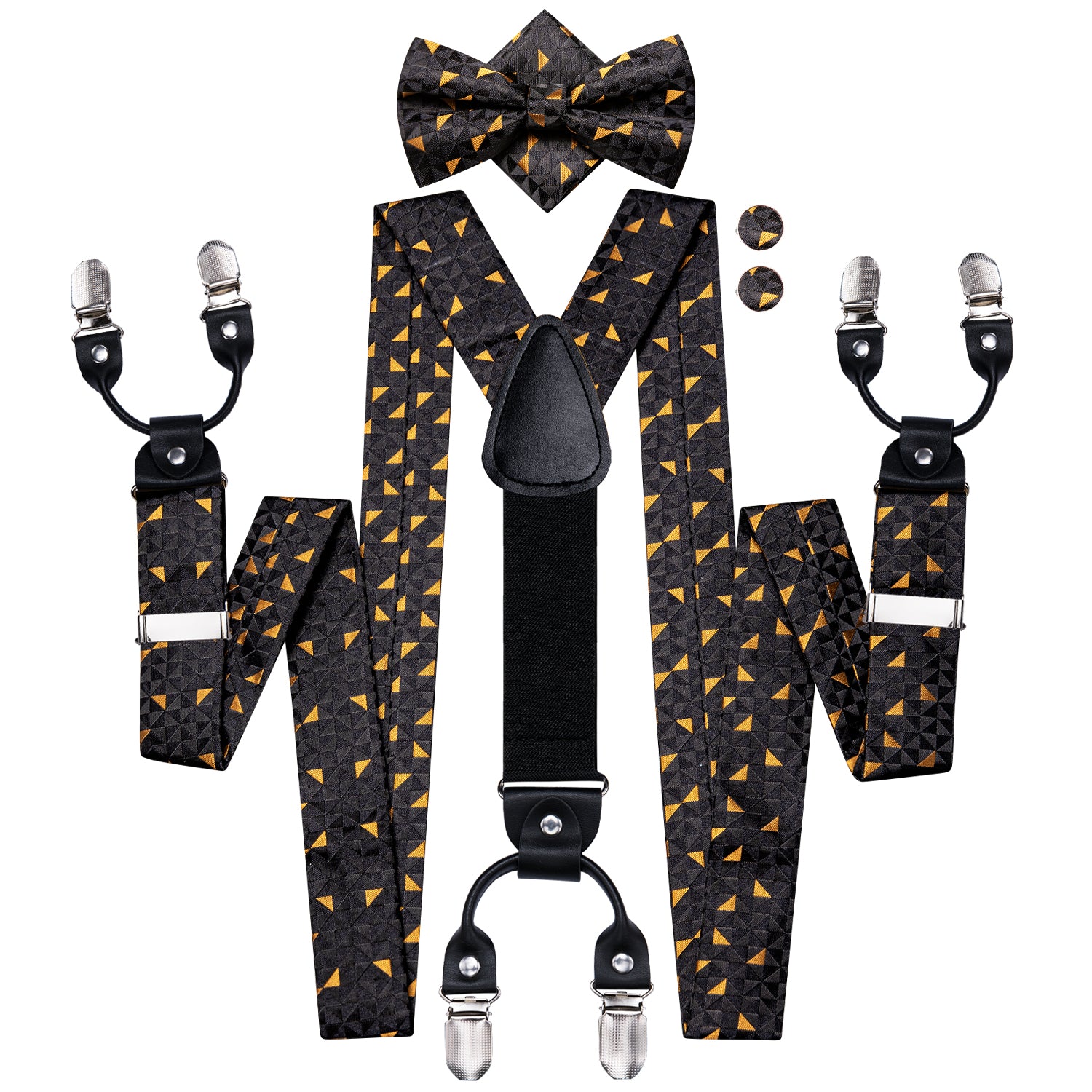 New Black Yellow Novelty  Men's Suspender Bowtie Pocket Square Cufflinks Set