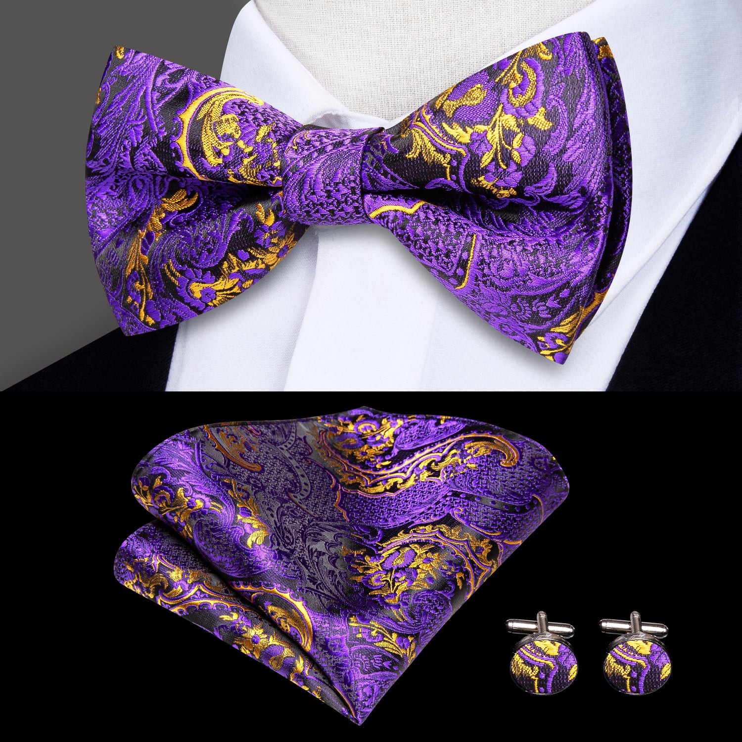 New Purple Golden Paisley Men's Suspender Bowtie Pocket Square Cufflinks Set