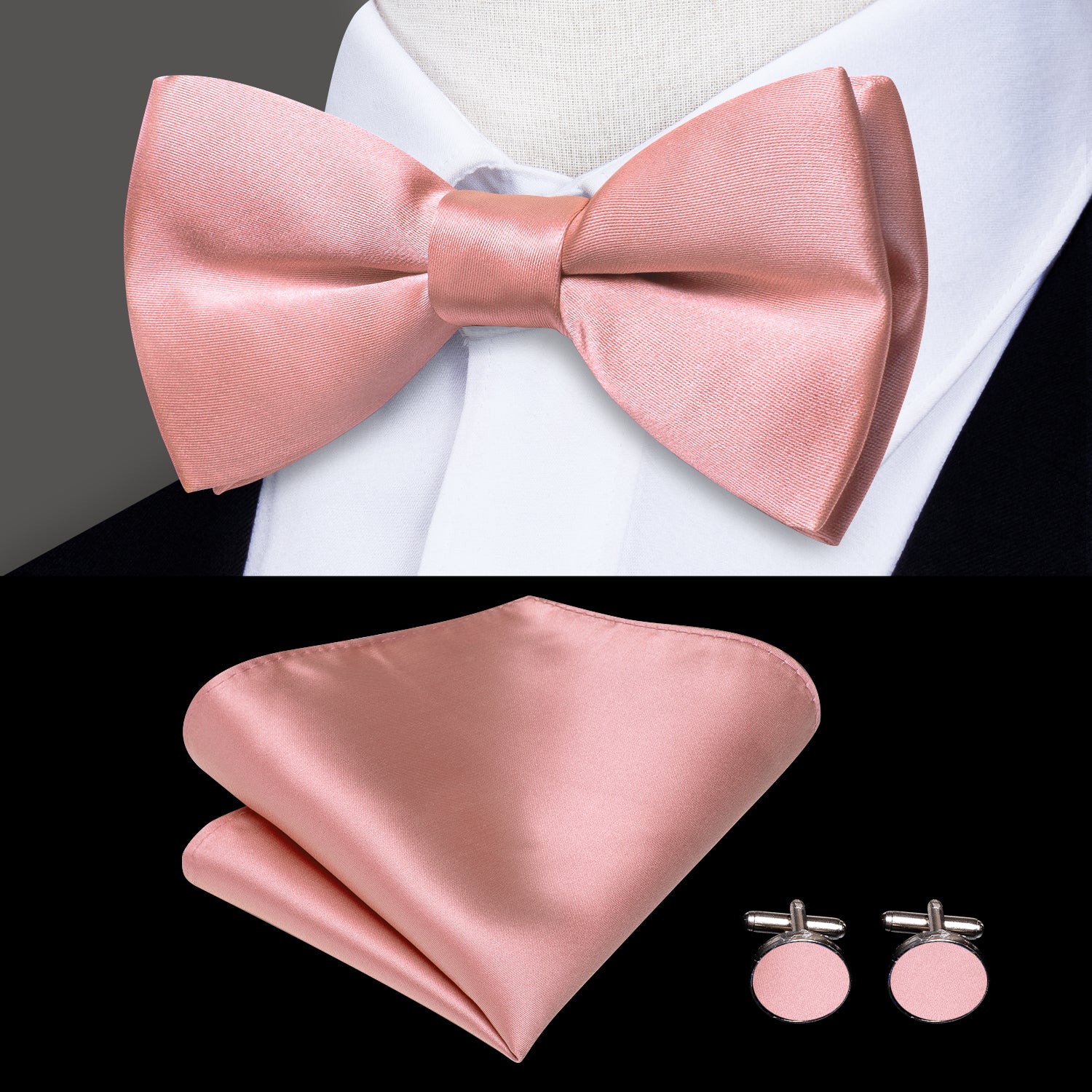Baby Pink Solid Men's Suspender Bowtie Pocket Square Cufflinks Set