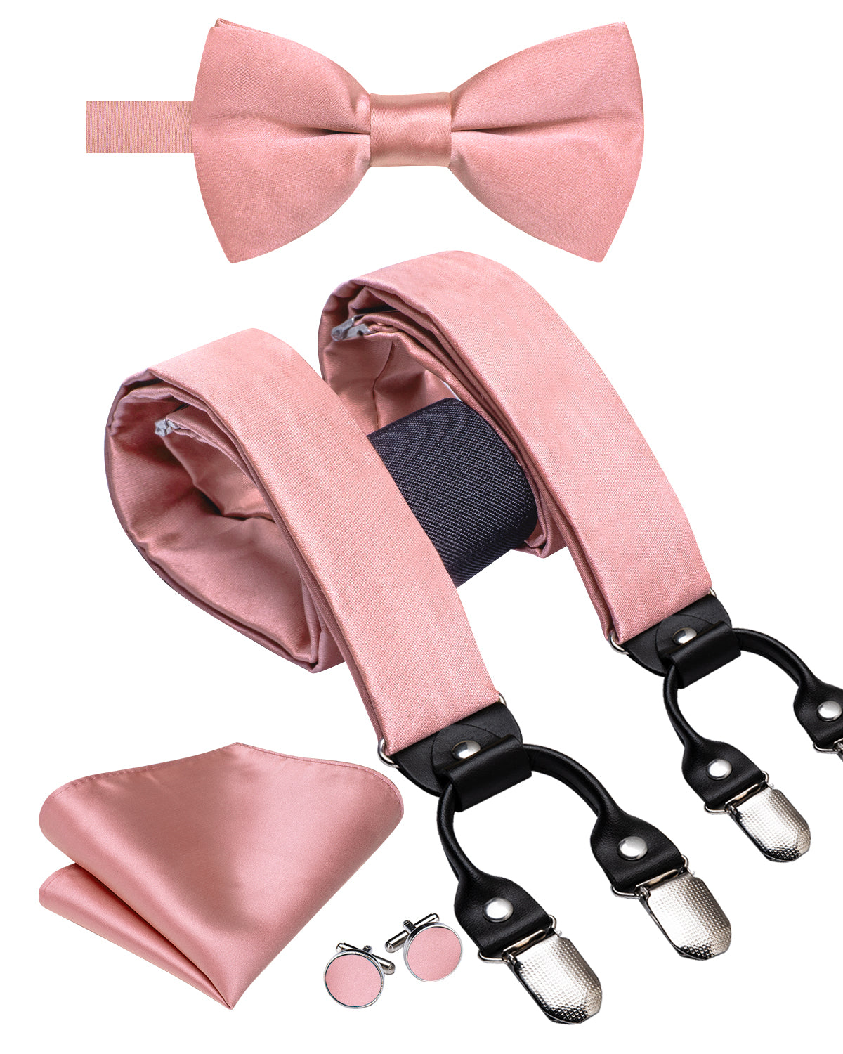 Baby Pink Solid Men's Suspender Bowtie Pocket Square Cufflinks Set