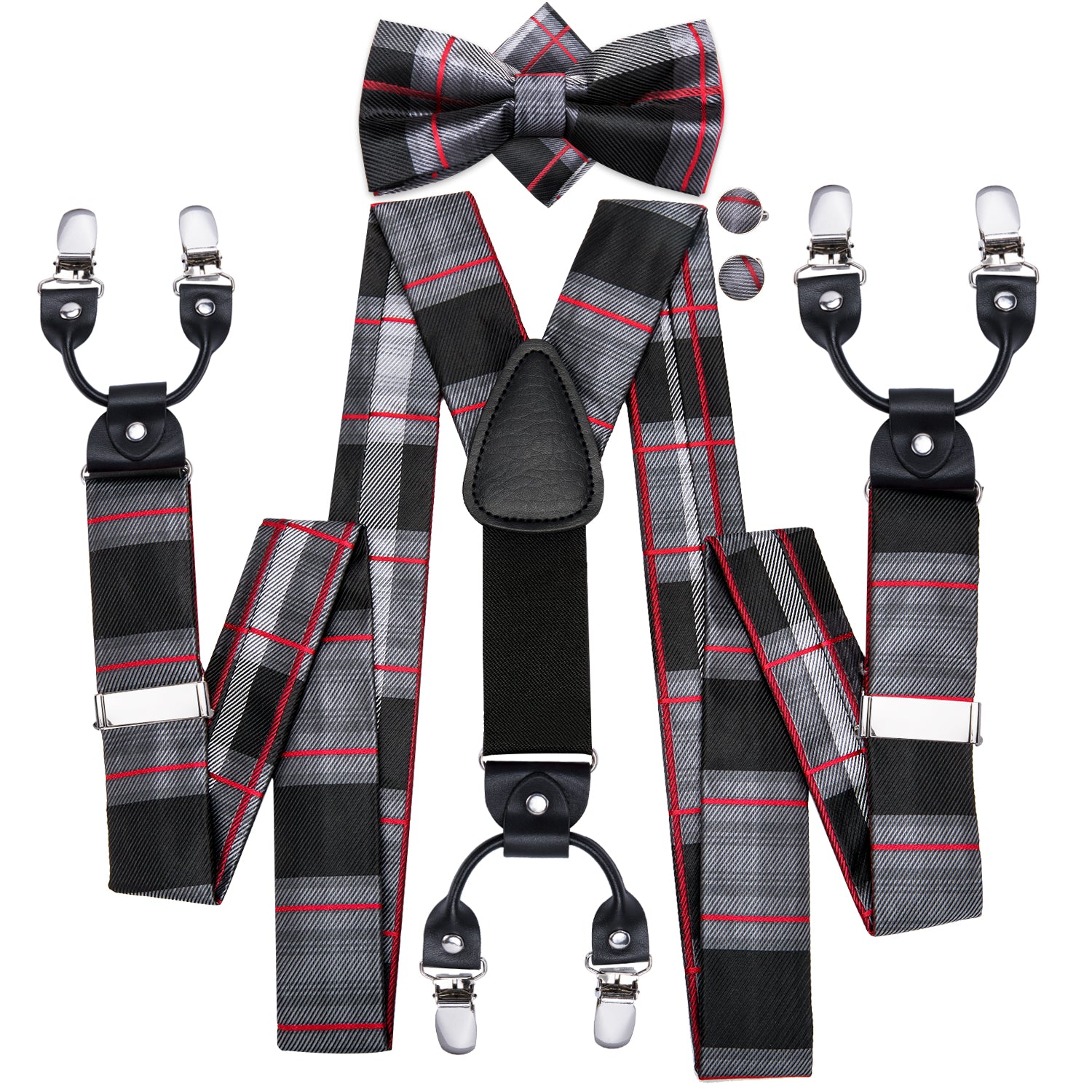 Grey and Black Stripe Suspender Bow Tie Handkerchief Cufflinks Set