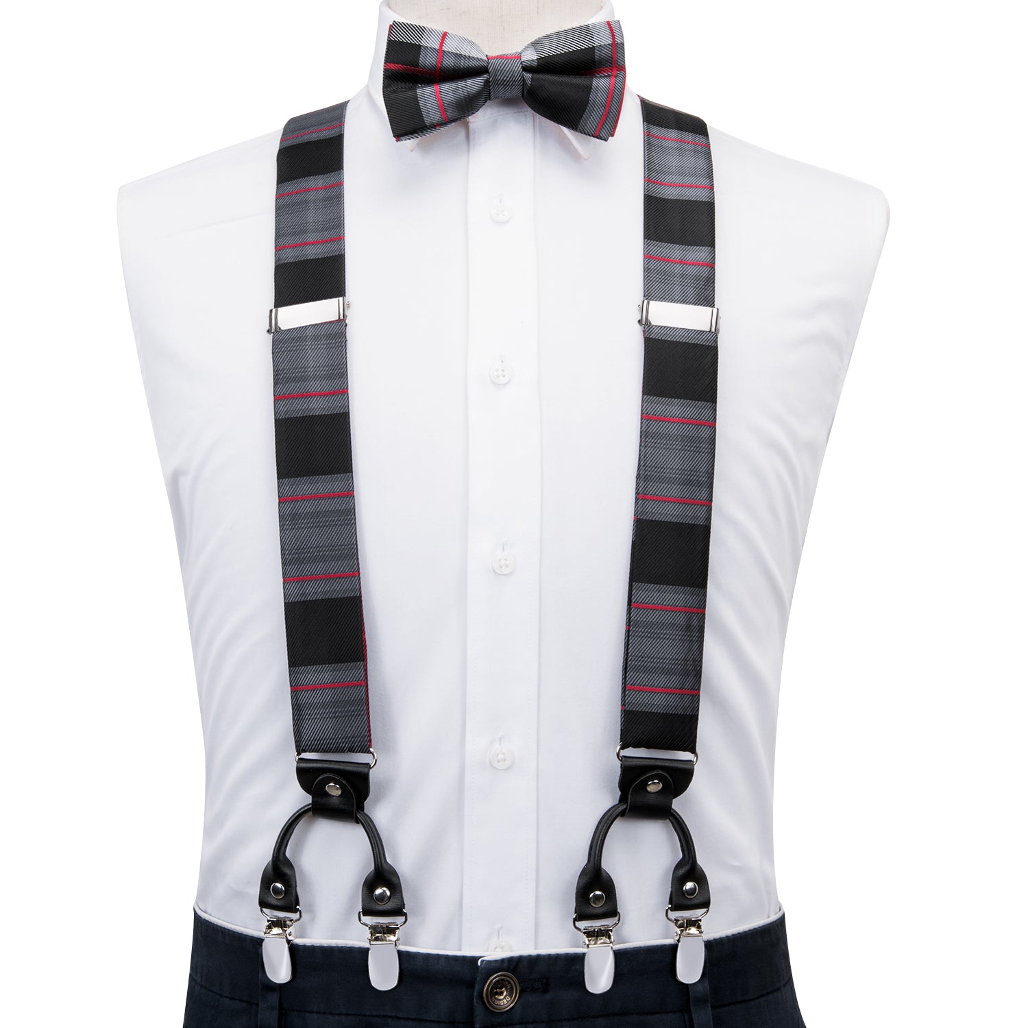 Grey and Black Stripe Suspender Bow Tie Handkerchief Cufflinks Set