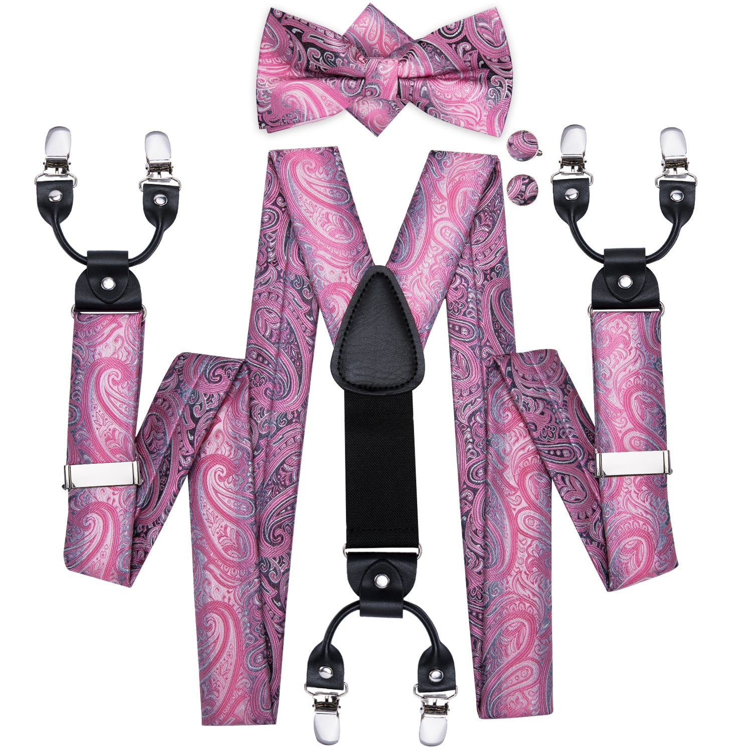 Pink Paisley Suspender Set with Bowtie Handkerchief Cufflinks