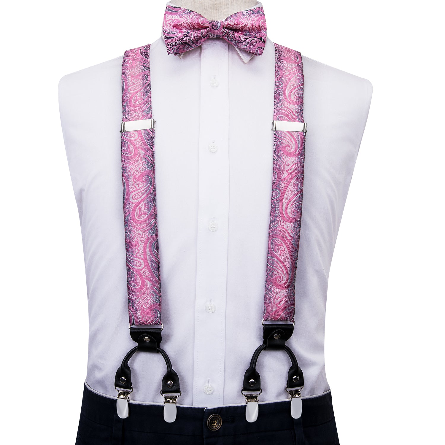 Pink Paisley Suspender Set with Bowtie Handkerchief Cufflinks