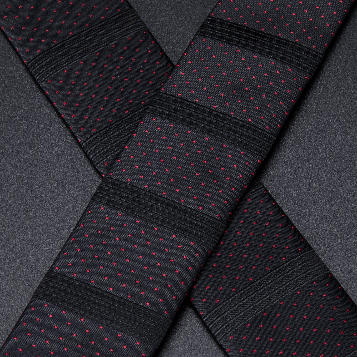 Red Dots Solid Black Suspender Bow Tie Handkerchief Cufflinks Set