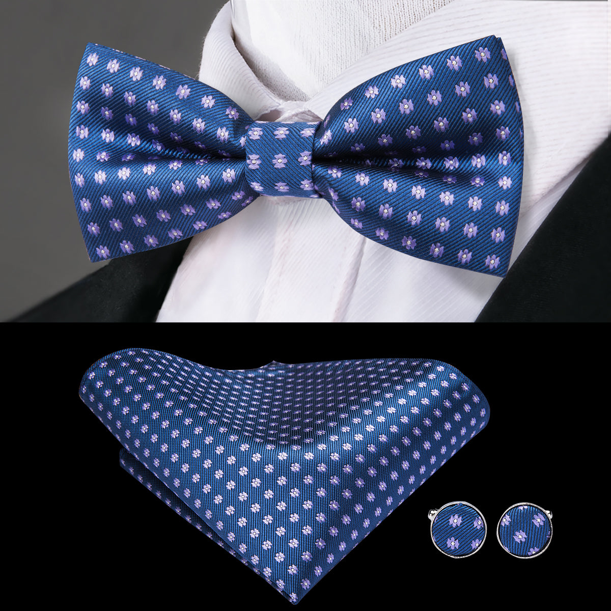 Solid Blue Dots Suspender Bow Tie Handkerchief Cufflinks Set