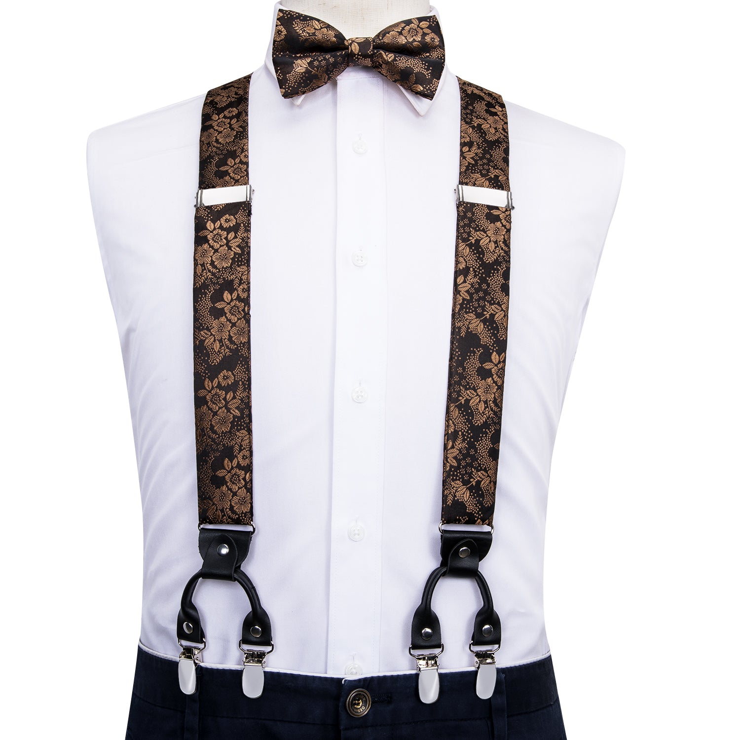 Gold Floral Suspender Bow Tie Handkerchief Cufflinks Set