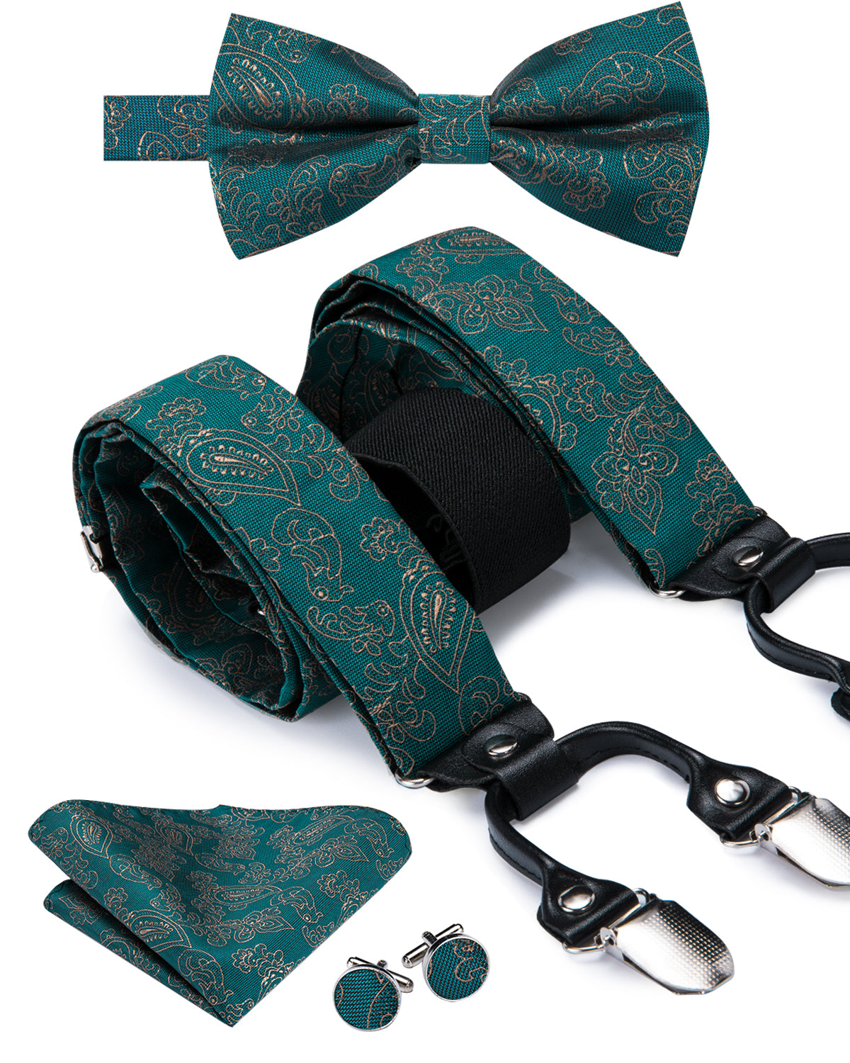 Green Paisley Suspender Bowtie Pocket Square Cufflinks Set