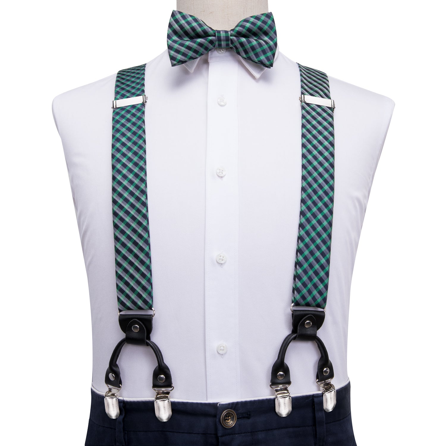 Green and Black Plaid Suspender Bowtie Pocket Square Cufflinks Set