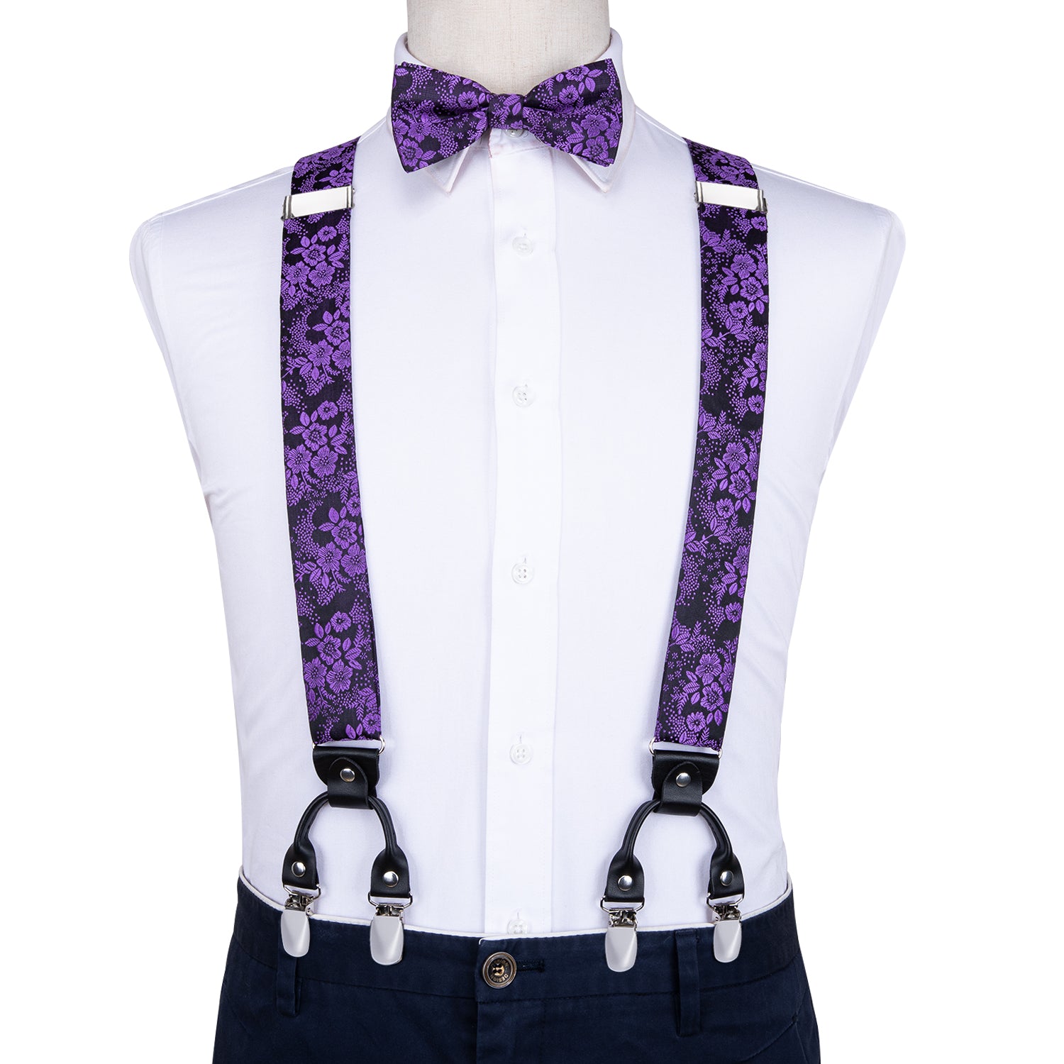 Purple Floral Suspender Bow Tie Handkerchief Cufflinks Set