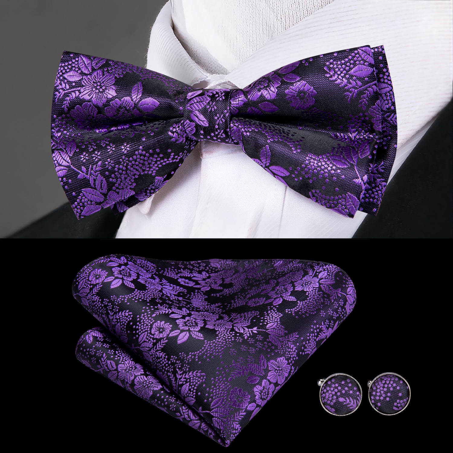 Purple Floral Suspender Bow Tie Handkerchief Cufflinks Set