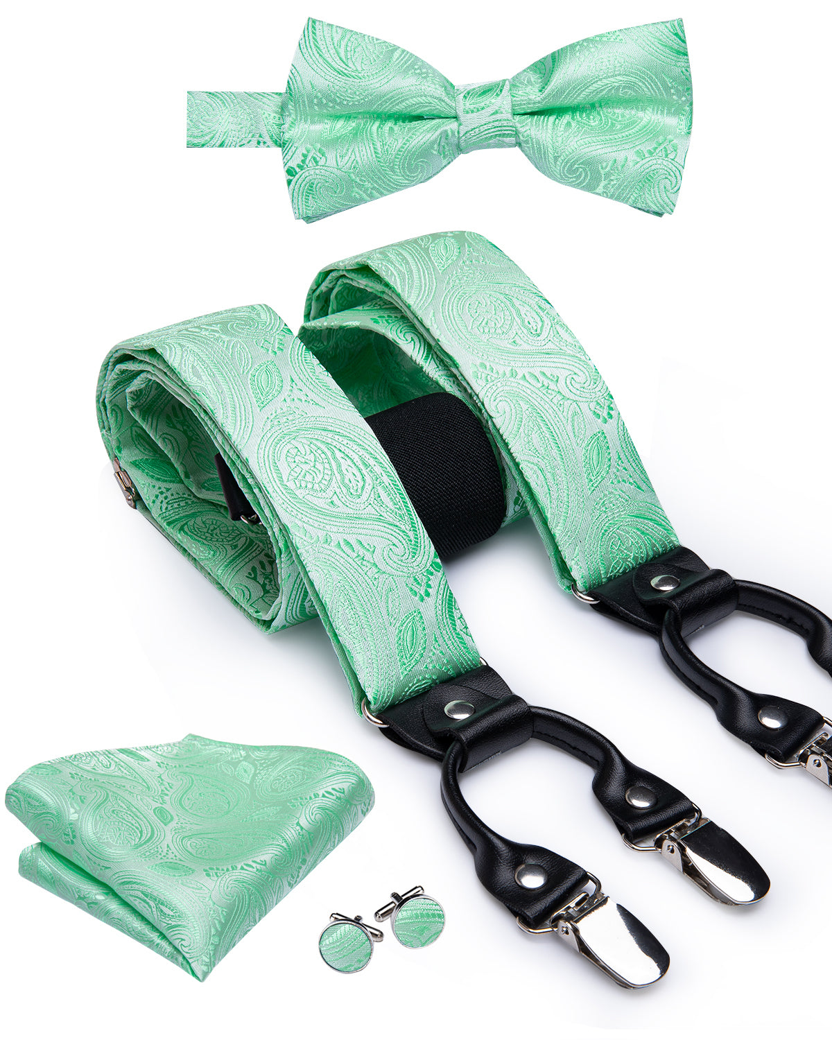 Luxury Mint Green Paisley Suspender Bowtie Pocket Square Cufflinks Set