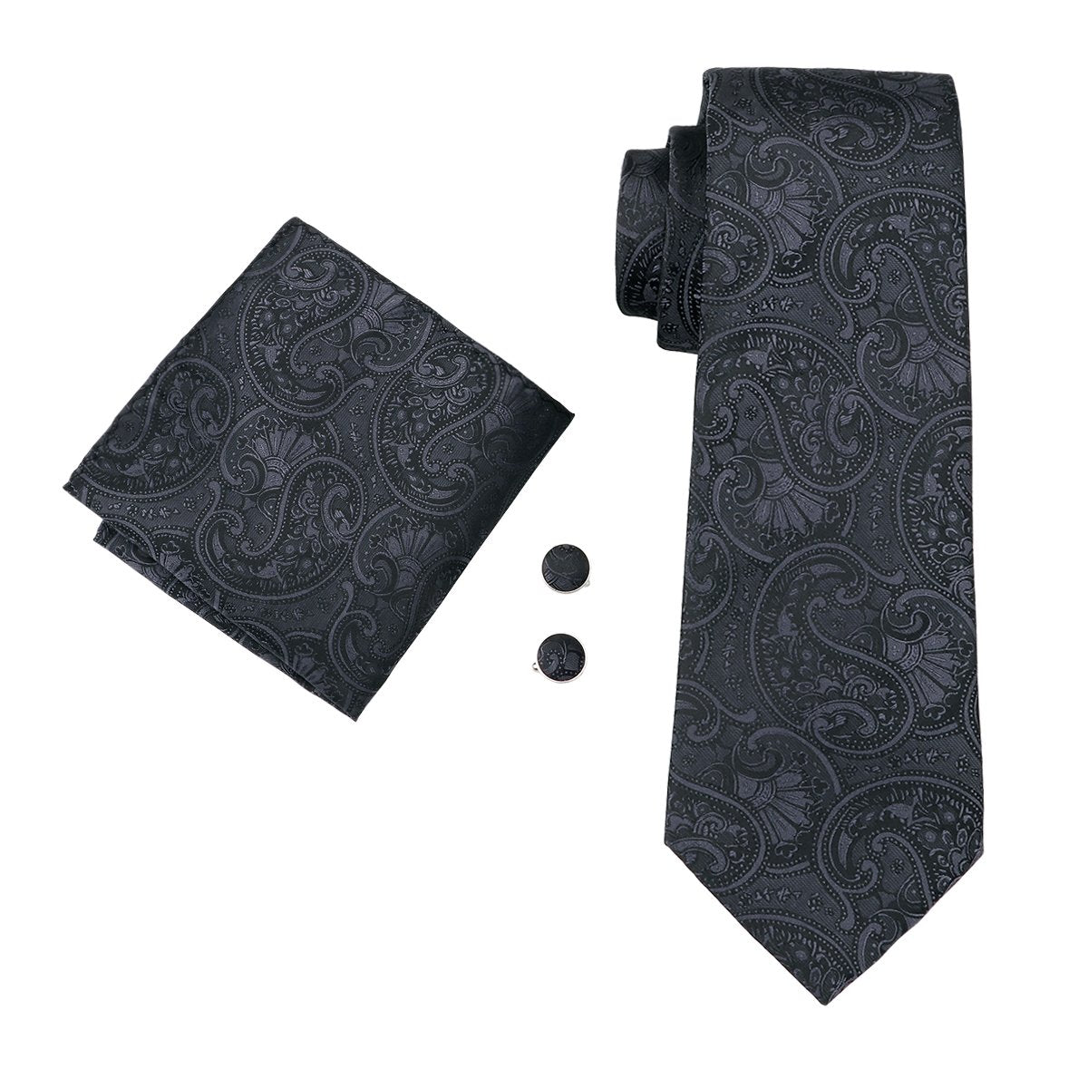 Classic Black Floral Silk Men's Tie Hanky Cufflinks Set with Brooch
