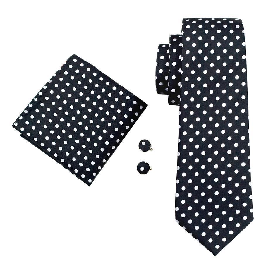 Classic Black Polka Dot Tie Hanky Cufflinks Set with Brooch