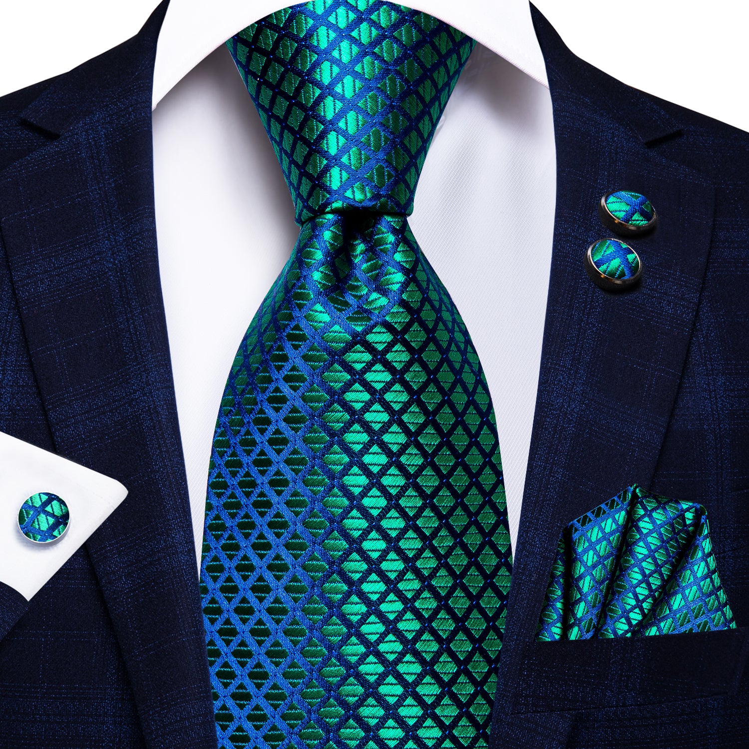 Teal Blue Plaid Tie Pocket Square Cufflinks Set With Collar Stud