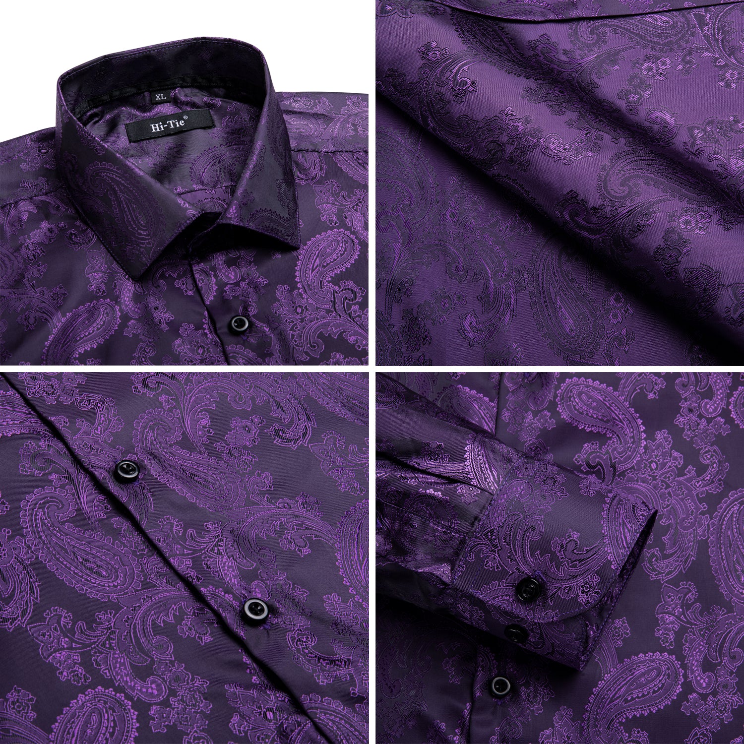 New Black Purple Paisley Silk Men's Long Sleeve Shirt